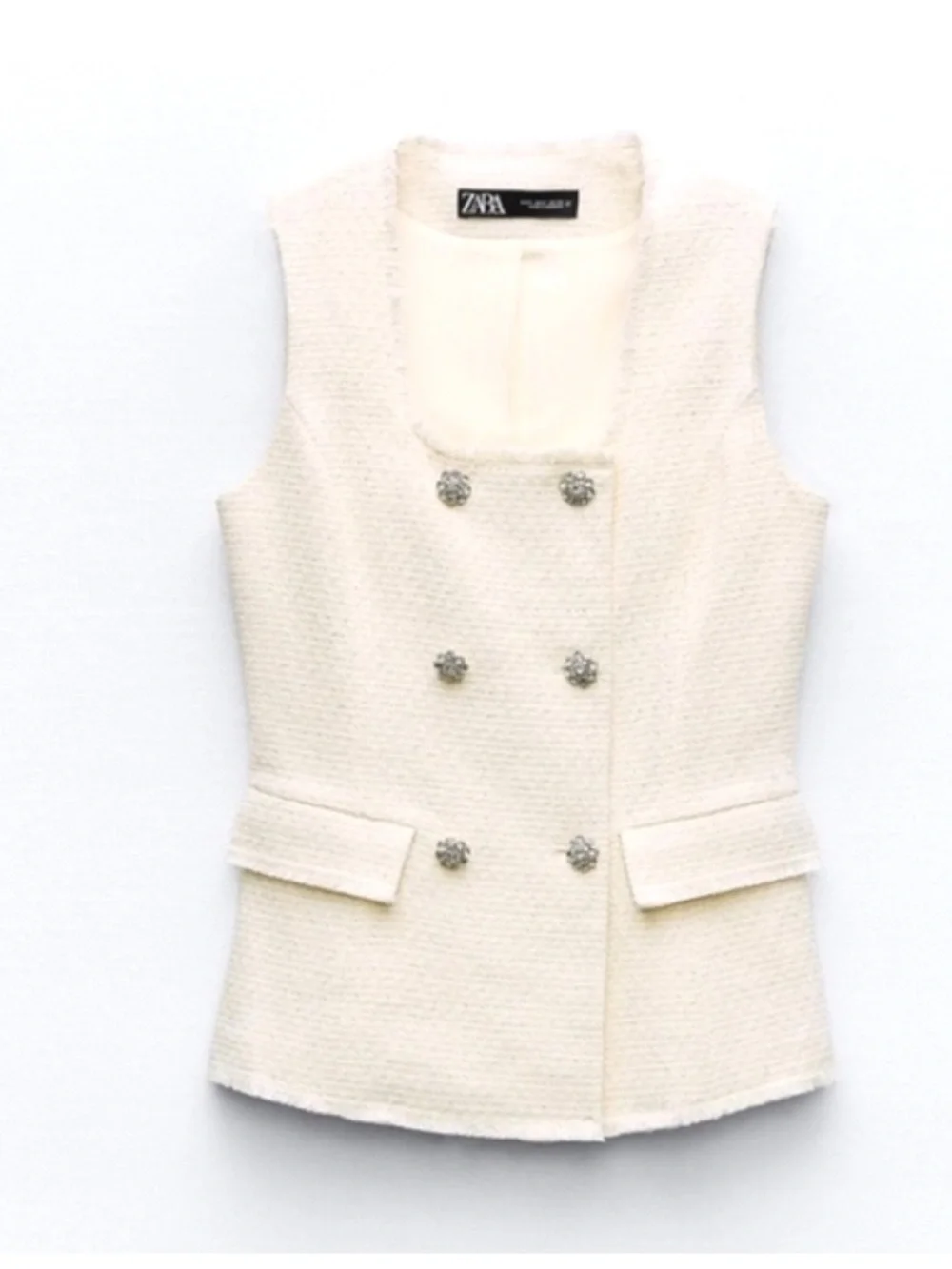 Zara 2 piece matching SET ivory textured tweed rhinestone button vest & pants